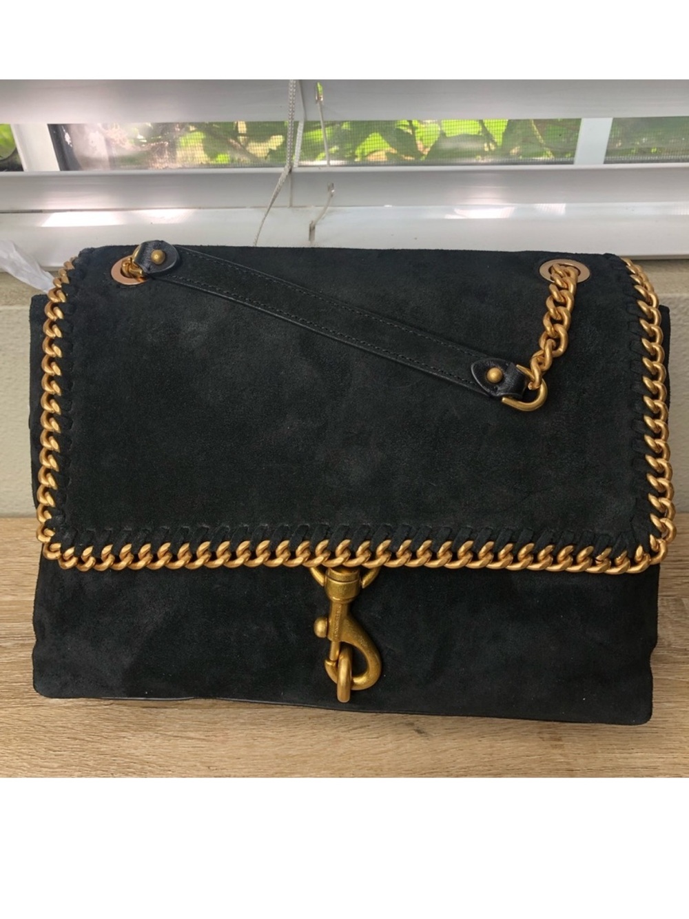 Rebecca Minkoff Black Suede Shoulder Bag with Gold Chain and Hardware